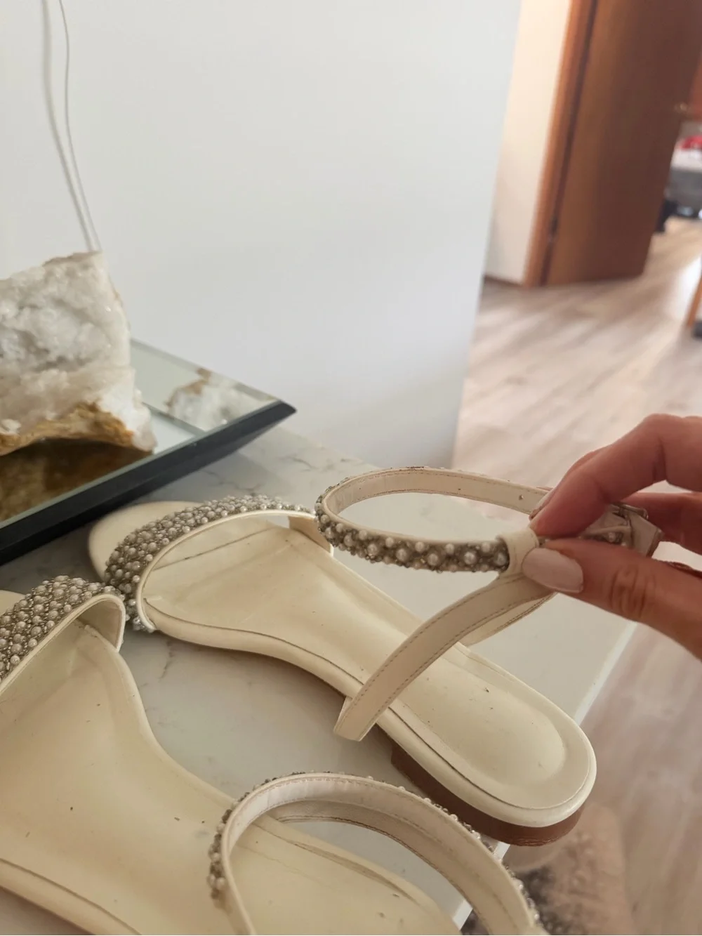 Pearl-Embellished Cream Satin Women's Sandals with Ankle Strap